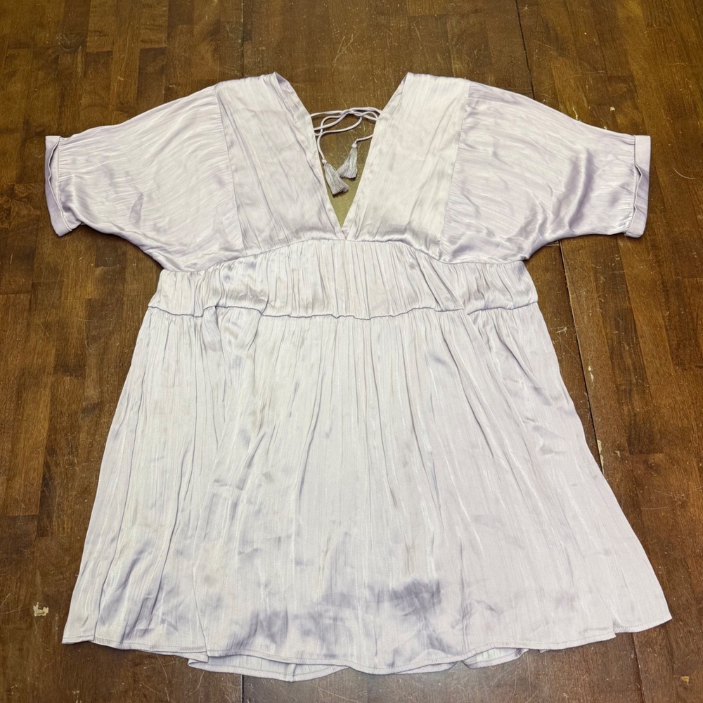 Free People Mini Dress Women Medium Lavender Pleated VNeck Tassel Back OB1105948